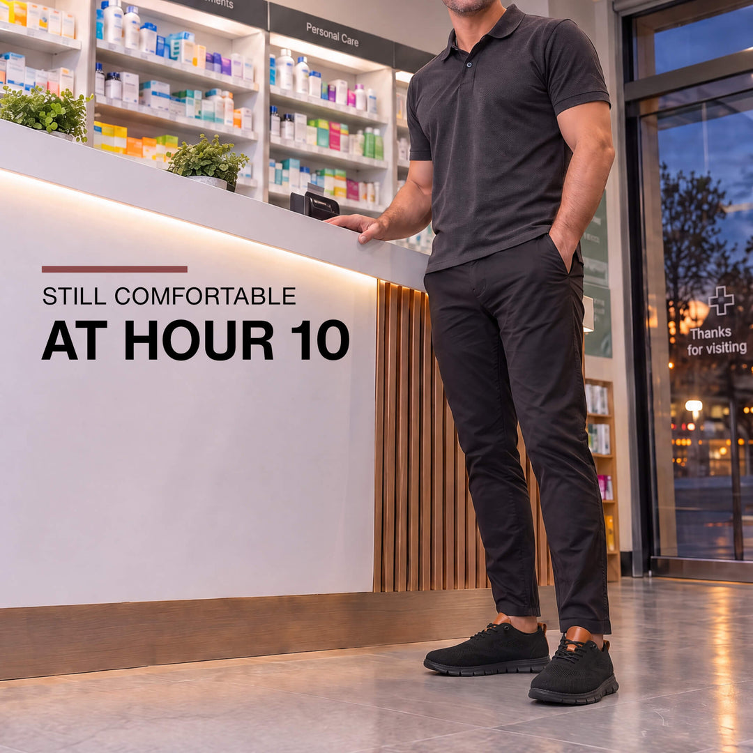 Man at a pharmacy counter wearing black Midnight Breeze comfort sneakers on a long shift