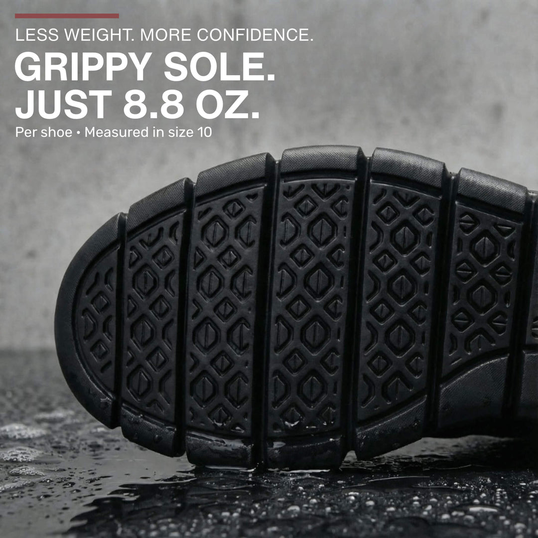 Grippy black sole of the Midnight Breeze sneaker, 8.8 oz per shoe