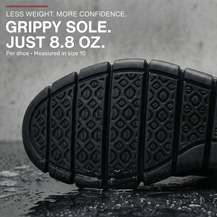 Grippy black sole of the Midnight Breeze sneaker, 8.8 oz per shoe