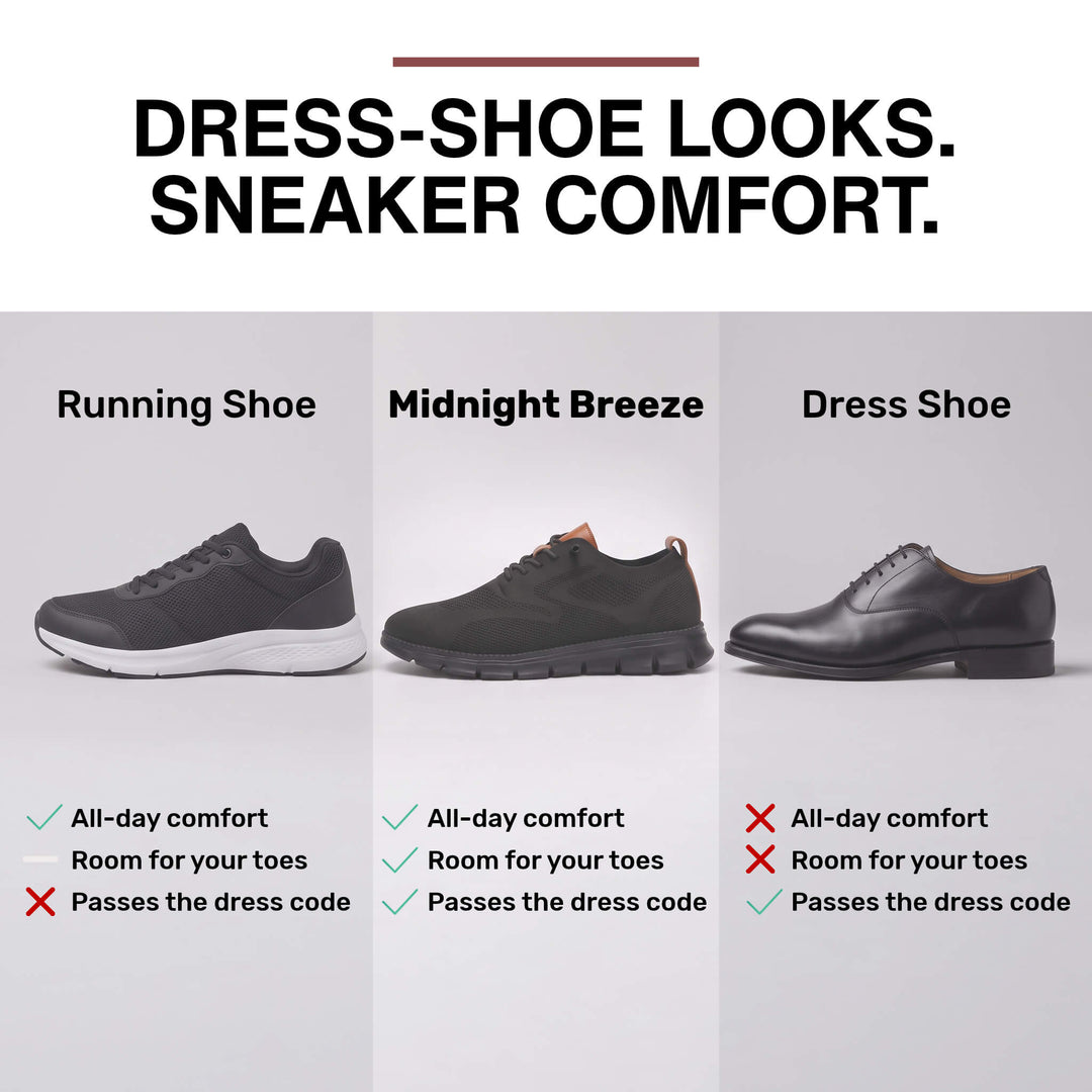 Running shoe, Midnight Breeze and dress shoe compared on all-day comfort, toe room and dress code