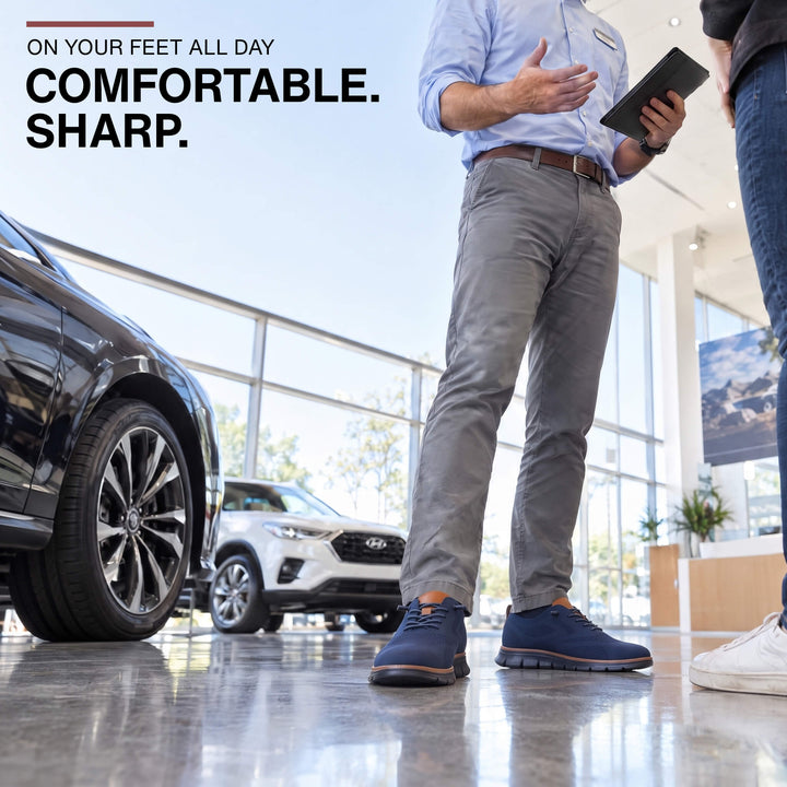 Salesman on a showroom floor wearing blue Midnight Breeze sneakers